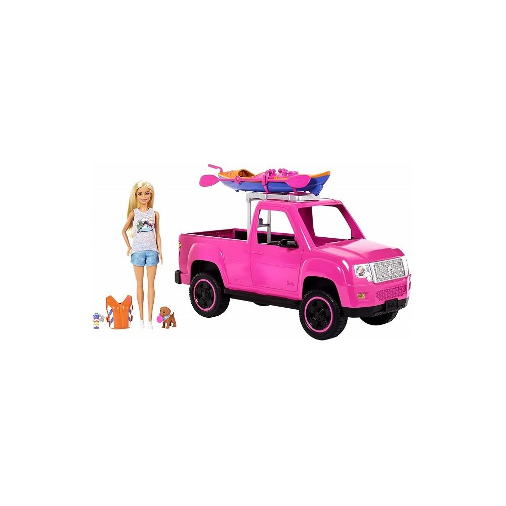 Barbie - Coffret Camping fun : voiture 4x4 tout terrain rose pour Barbie + poupee mannequin + chiot + accessoires - Poupées