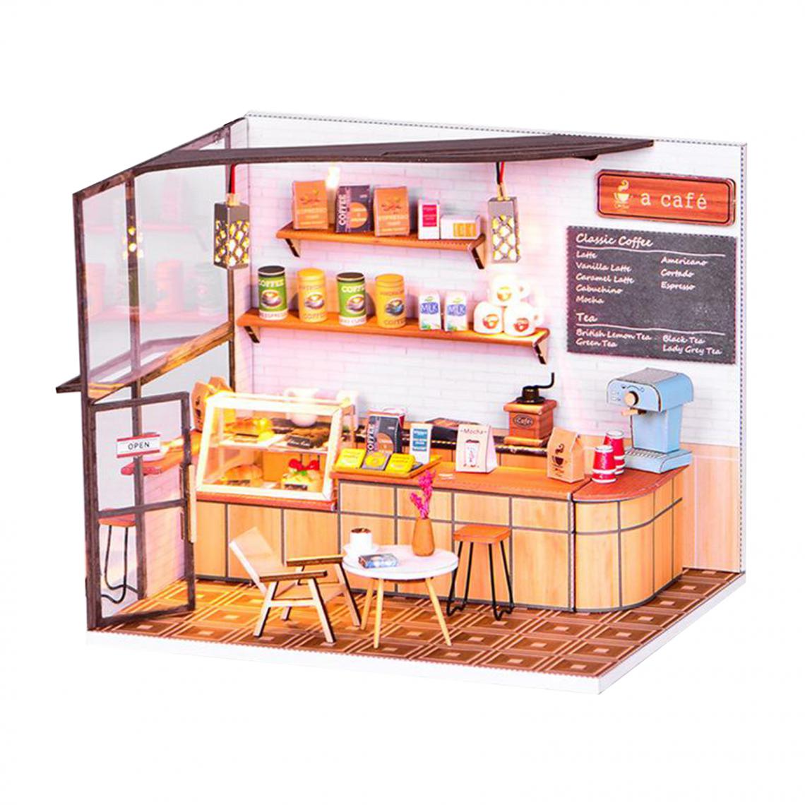 marque generique - Dollhouse Miniature avec des Meubles Ornements, BRICOLAGE En Bois Café Poupée Maison Kit, Échelle 1:24 Café Mini Maison - Poupées