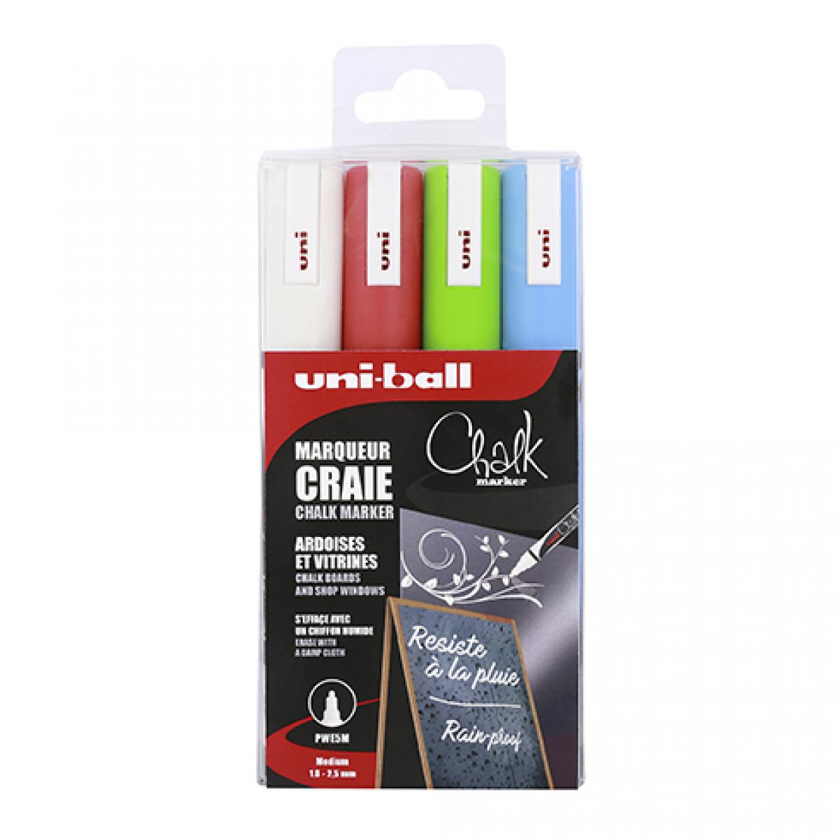 Uniball - Marqueur craie liquide Uni-Ball Chalk pointe ogive moyenne 1,8 à 2,5 mm- pochette de 4 assortis coloris classique - Accessoires Bureau
