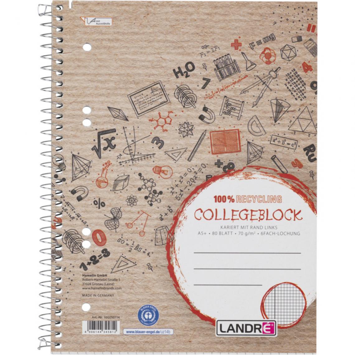 Landre - LANDRÉ Cahier 'Recycling' A5+, quadrillé, 80 feuilles () - Accessoires Bureau