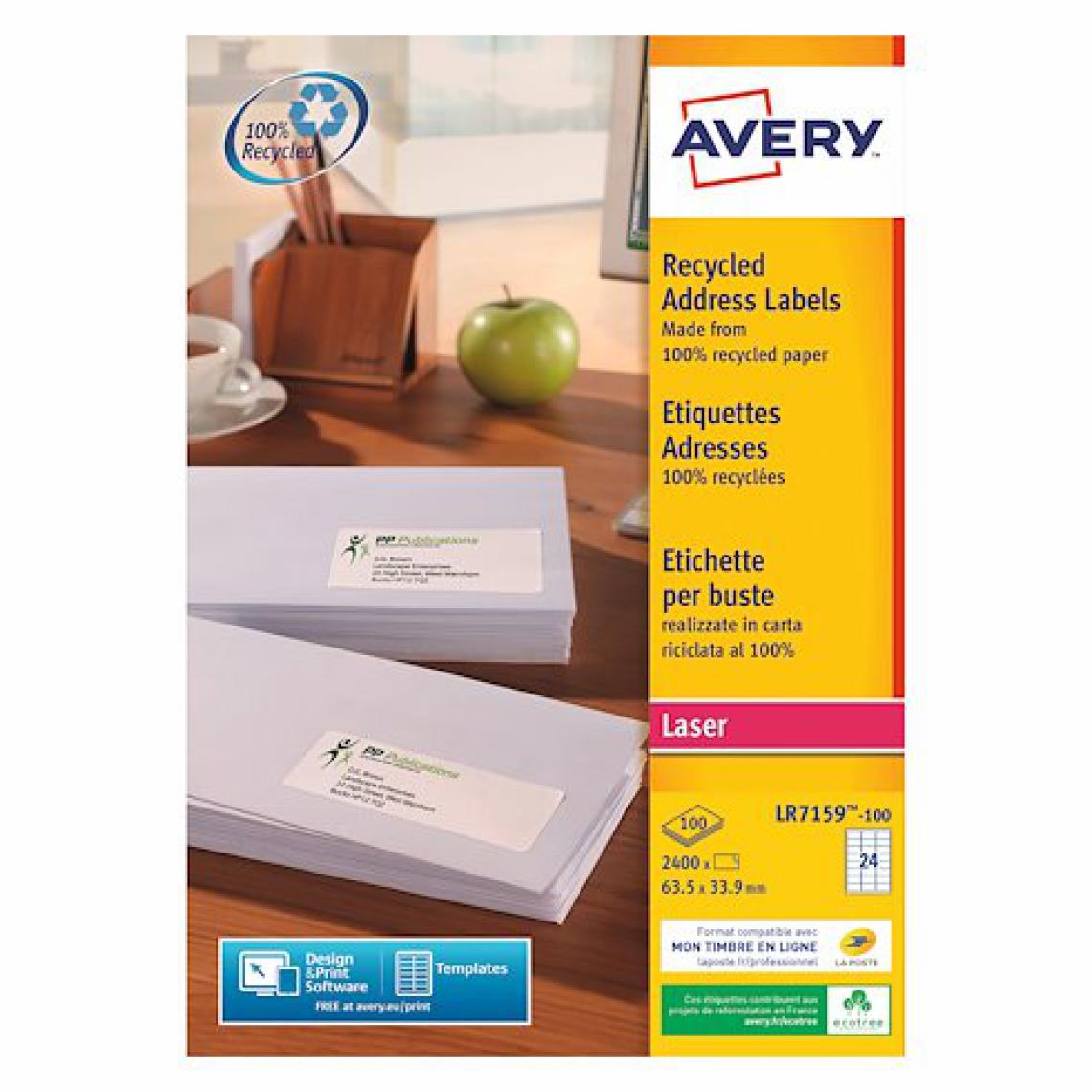 Avery - Etiquette adresse laser recyclée 63,5 x 33,9 mm Avery LR 7159-100 blanche - Boîte de 2400 - Accessoires Bureau