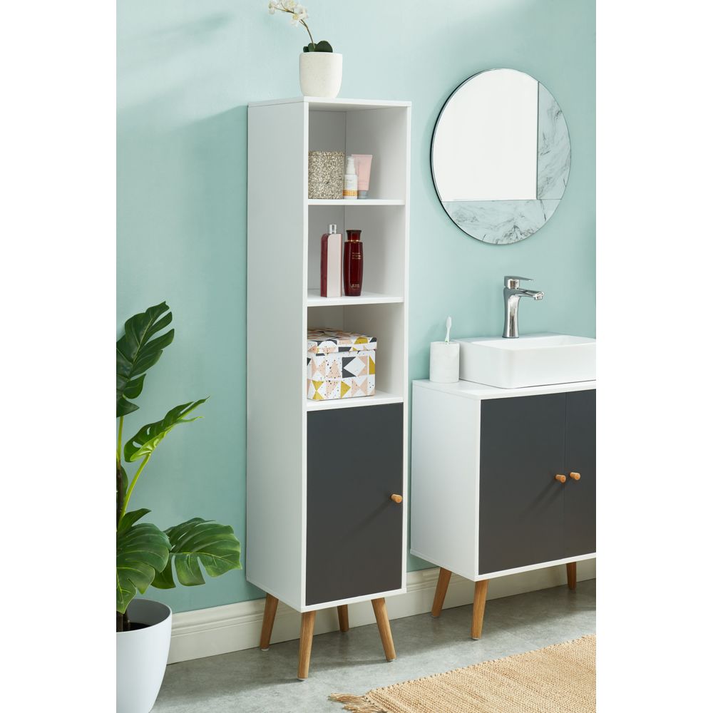 Pegane - Colonne de rangement salle de bain en bois coloris blanc / gris - 30 x 29.5 x 139 cm - Colonne de salle de bain