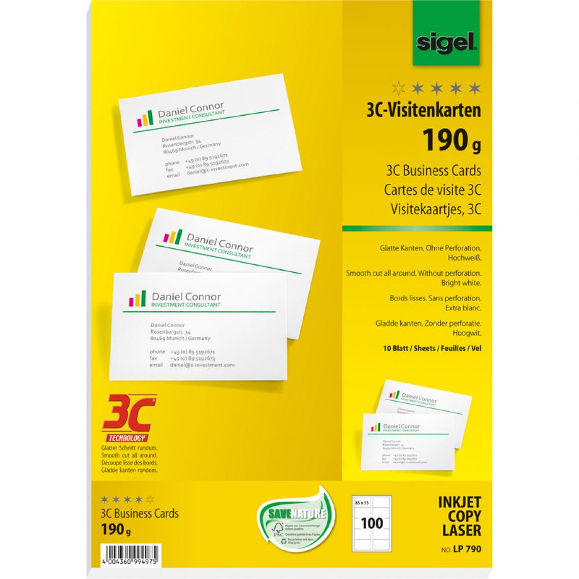 Sigel - sigel Cartes de visite 3C, 85 x 55 mm, 190 g/m2, extra blanc () - Accessoires Bureau