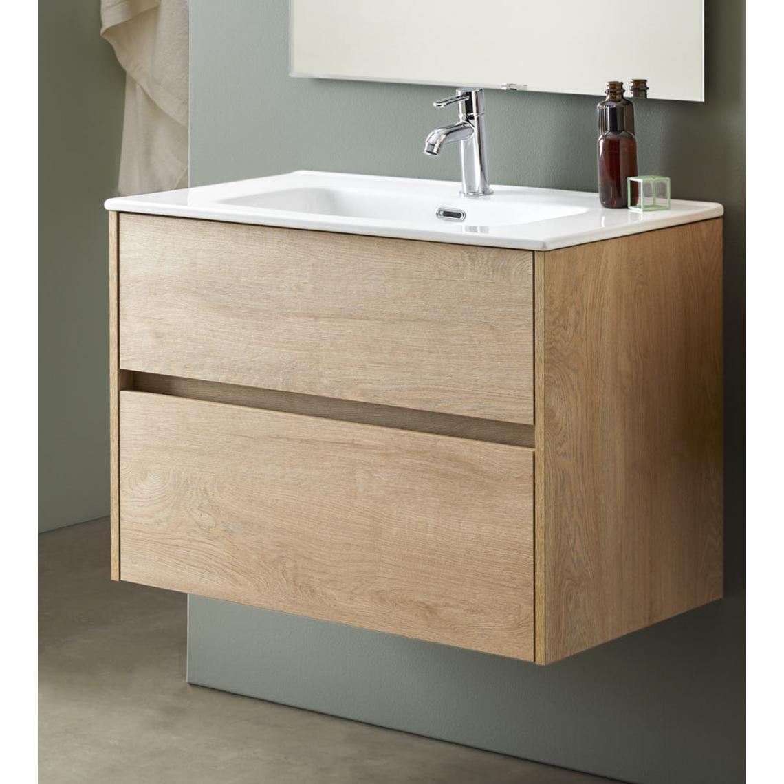 Pegane - Meuble de salle de bain avec 2 tiroirs suspendus chêne Nordique avec plan moulé - Longueur 100 x Hauteur 56 x Profondeur 46 cm - meuble bas salle de bain