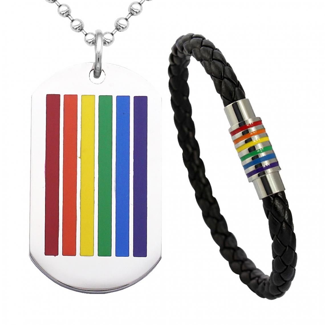 marque generique - 2pcs Pendentif Acier Inoxydable Dog Tag Rainbow LGBT Cuir PU Bracelet Collier Set - Perles