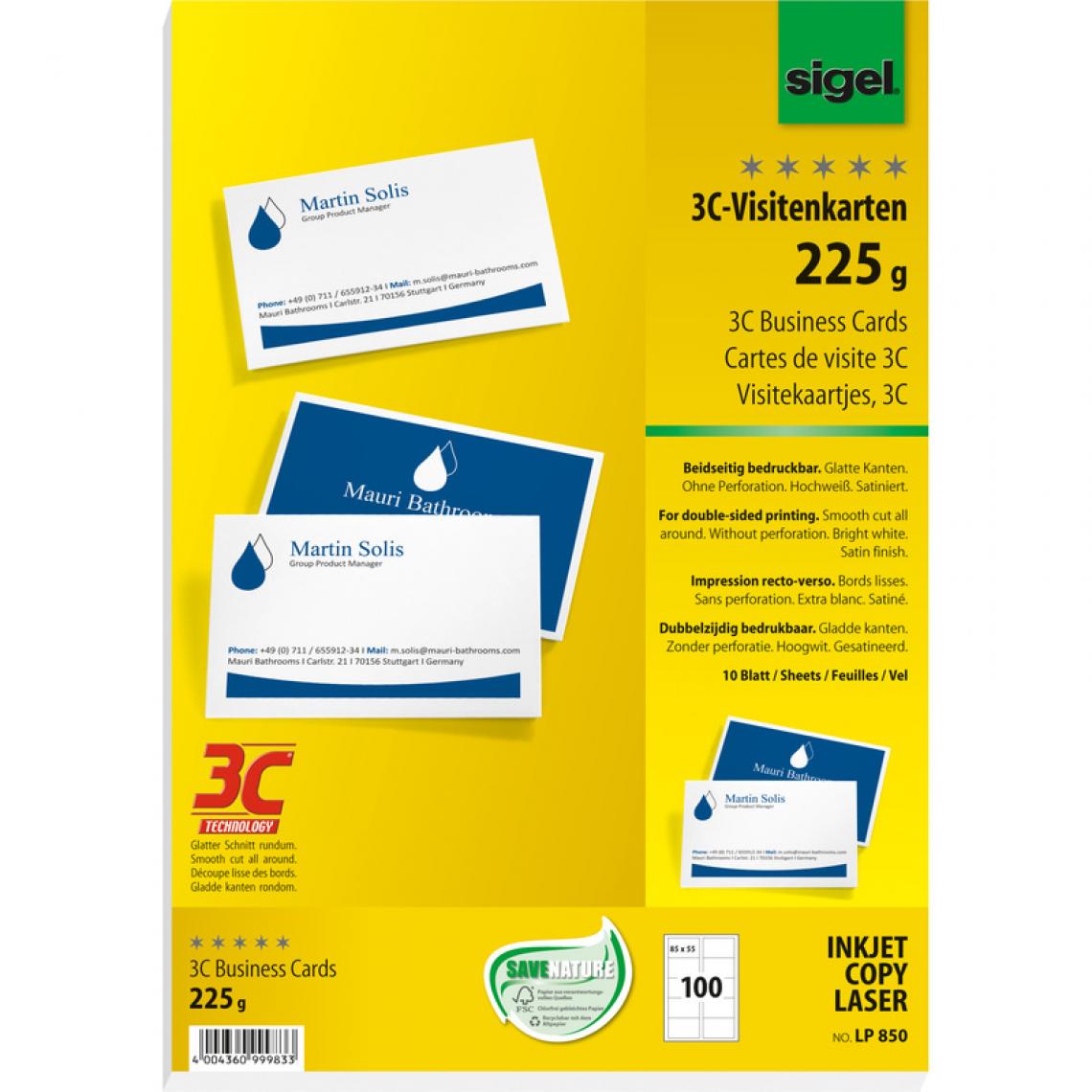 Sigel - sigel Cartes de visite 3C, 85 x 55 mm, 225 g/m2, extra blanc () - Accessoires Bureau