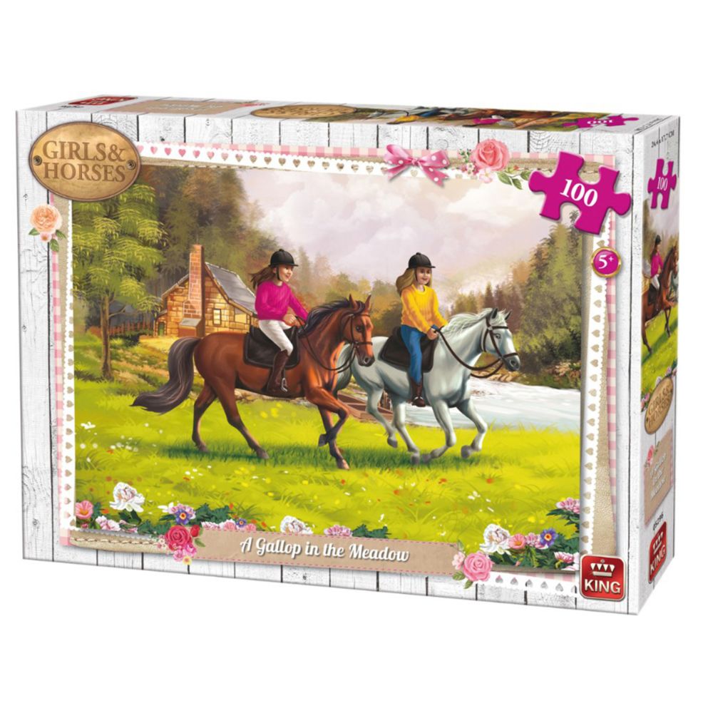 King Puzzles - Puzzle 100 pièces : Girls & Horses : Galop dans la prairie - Animaux