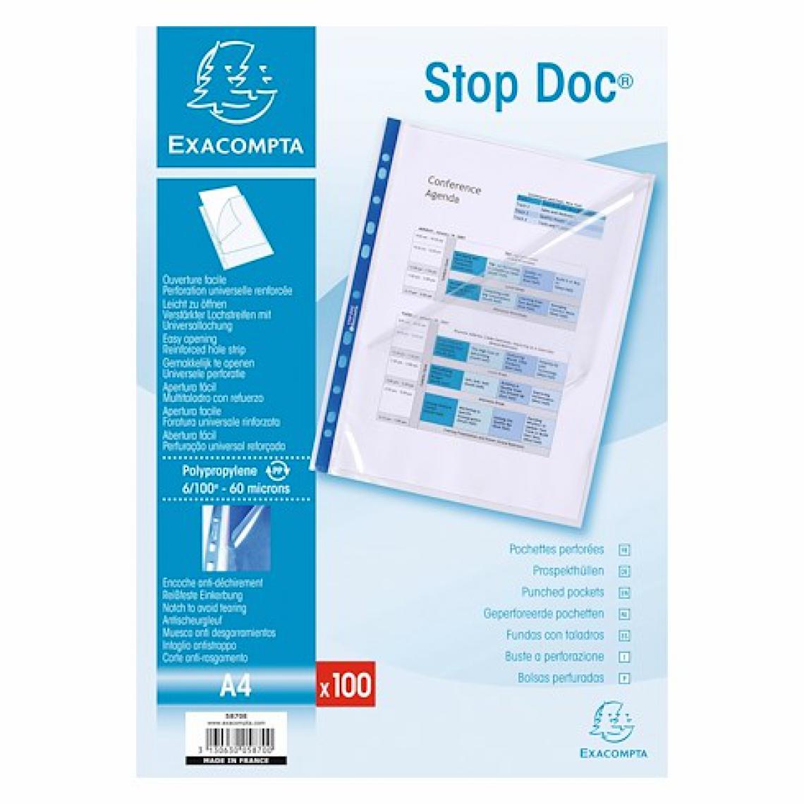 Exacompta - Sachet de 100 pochettes perforées Stop doc ouverture en coin - polypropylène lisse 6/100e - A4 - Accessoires Bureau