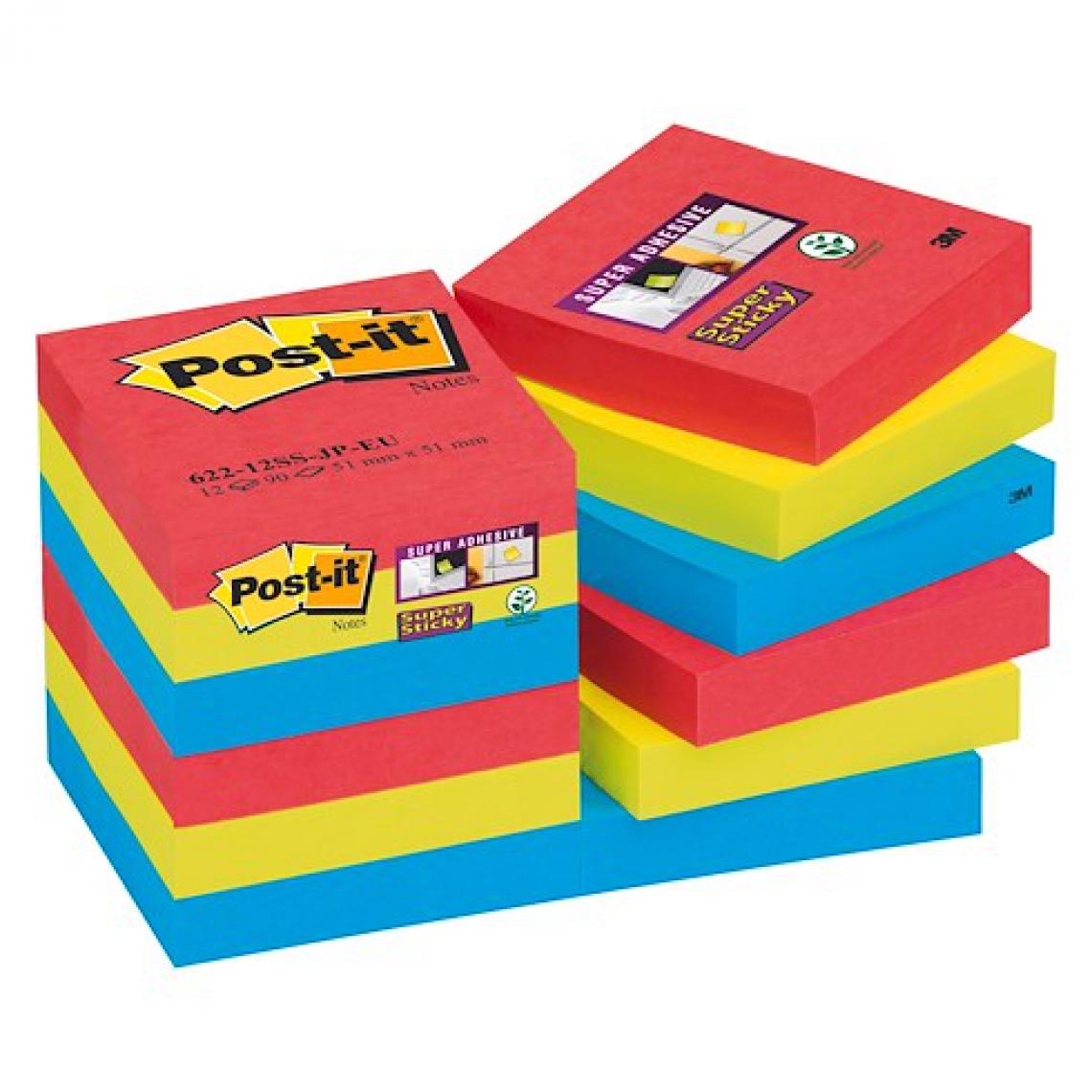 Post-It - Notes couleurs Bora-Bora SUPER STICKY POST-IT 47,6 x 47,6 mm - Bloc de 90 feuilles - Lot de 12 - Accessoires Bureau