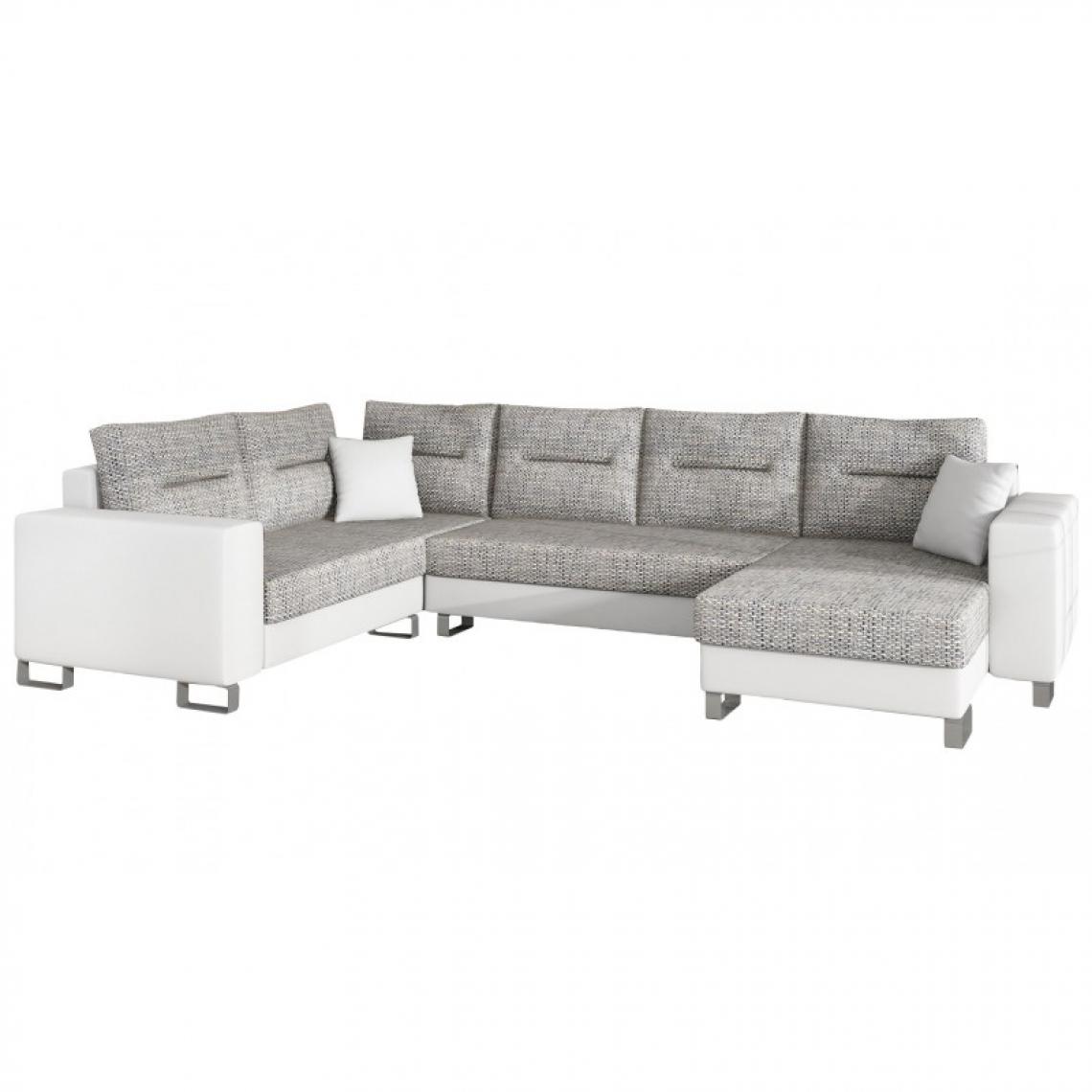Meubler Design - Canapé d'angle Panoramique en U Convertible Dorado - Angle du canapé - Droit - Tissu gris clair/ PU blanc - Canapés