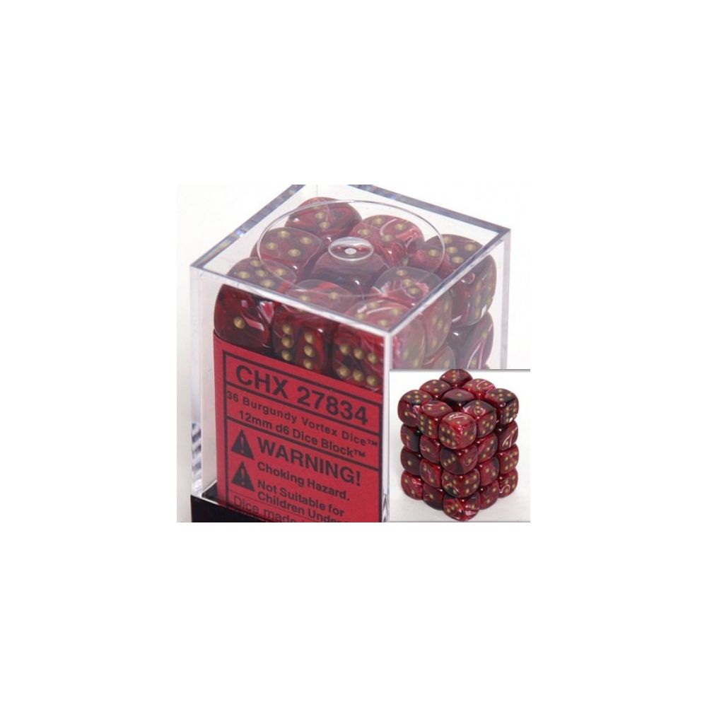 Chessex - Chessex Dice d6 Sets Vortex Burgundy with Gold - 12mm Six Sided Die (36) Block of Dice - 27834 - Jeux d'adresse