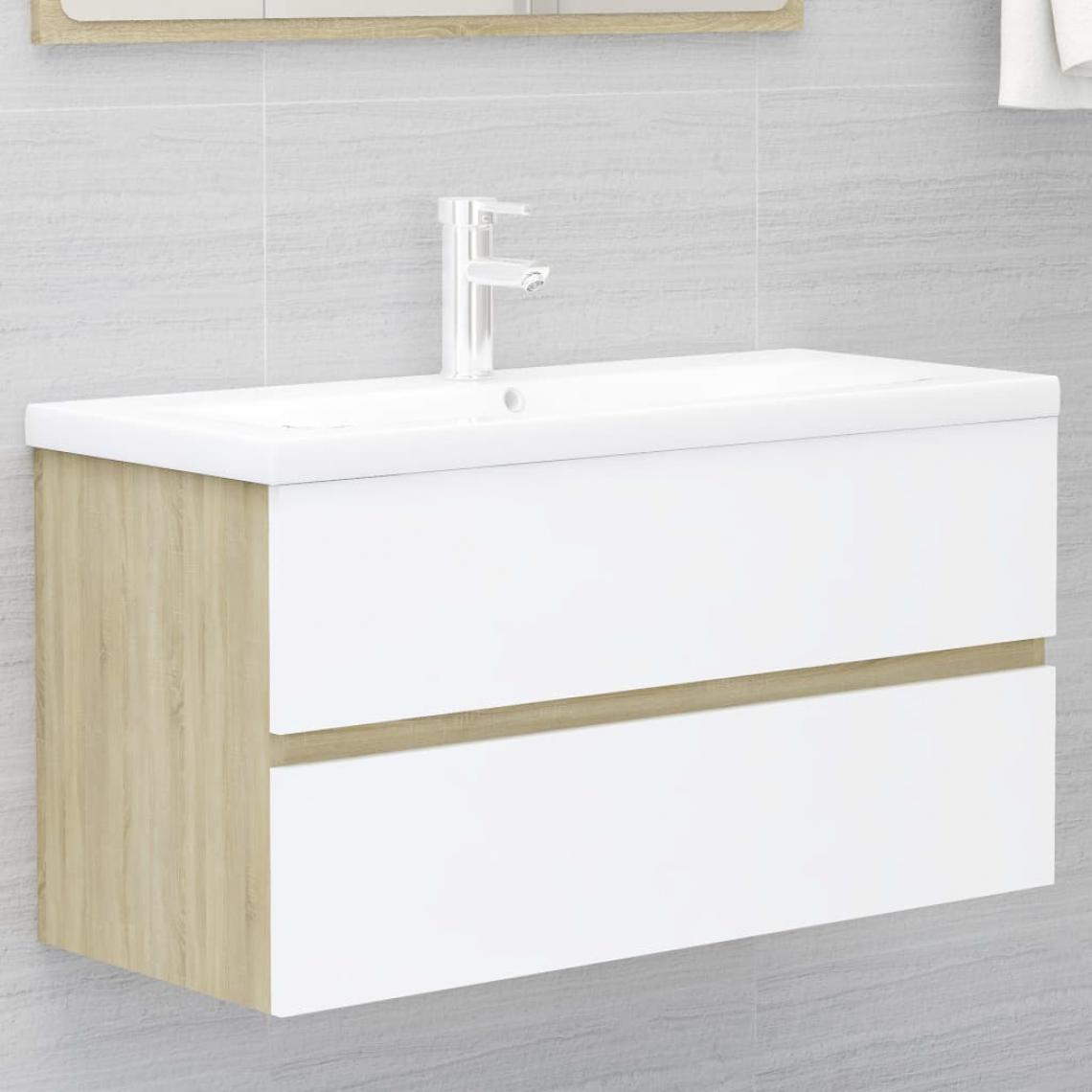 Vidaxl - vidaXL Armoire d'évier et lavabo intégré Blanc/chêne sonoma Aggloméré - meuble bas salle de bain