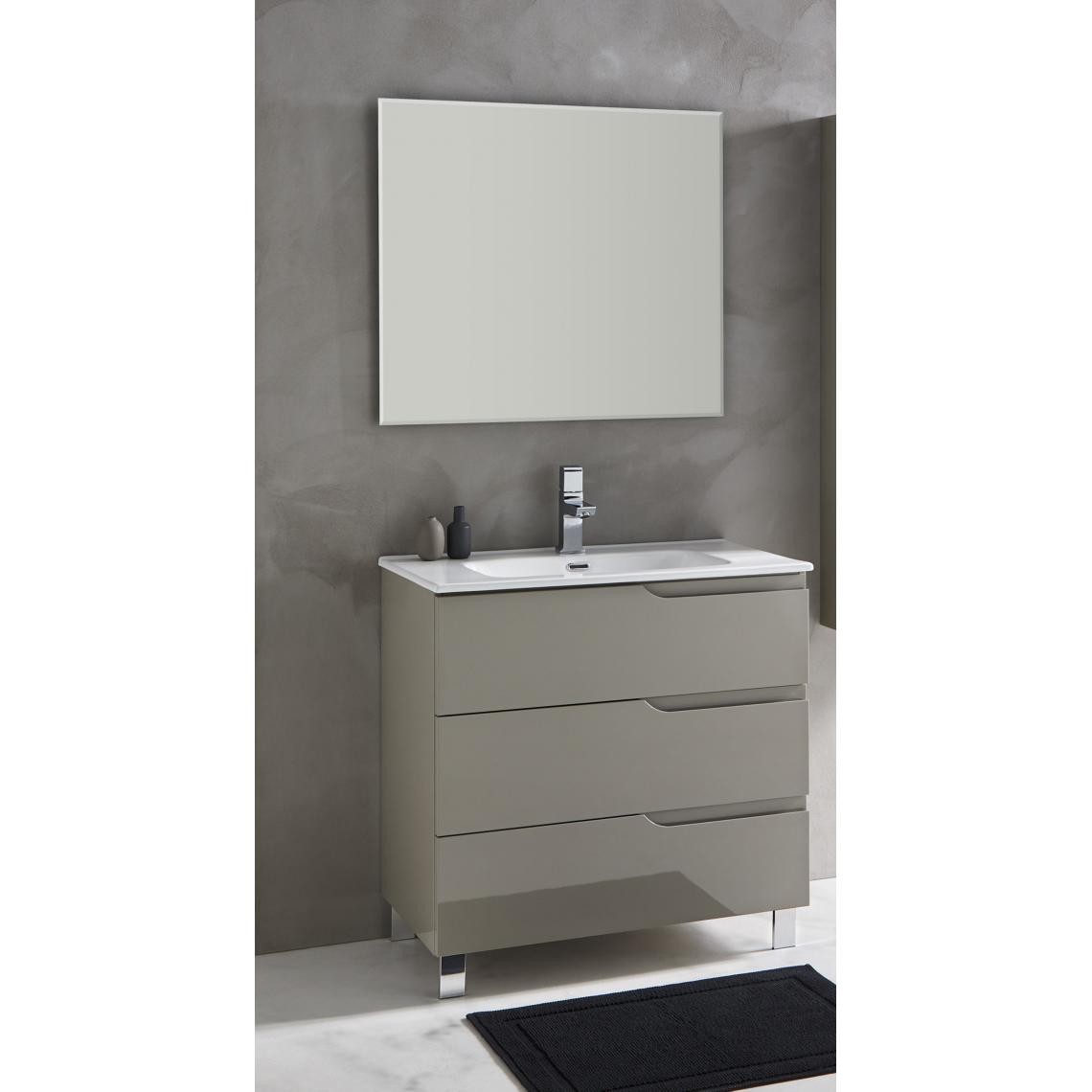Pegane - Ensemble de salle de bain avec 3 tiroirs taupe brillant avec plan moulé en céramique + miroir - Longueur 80 x Hauteur 85 x Profondeur 46 cm - Meubles de salle de bain