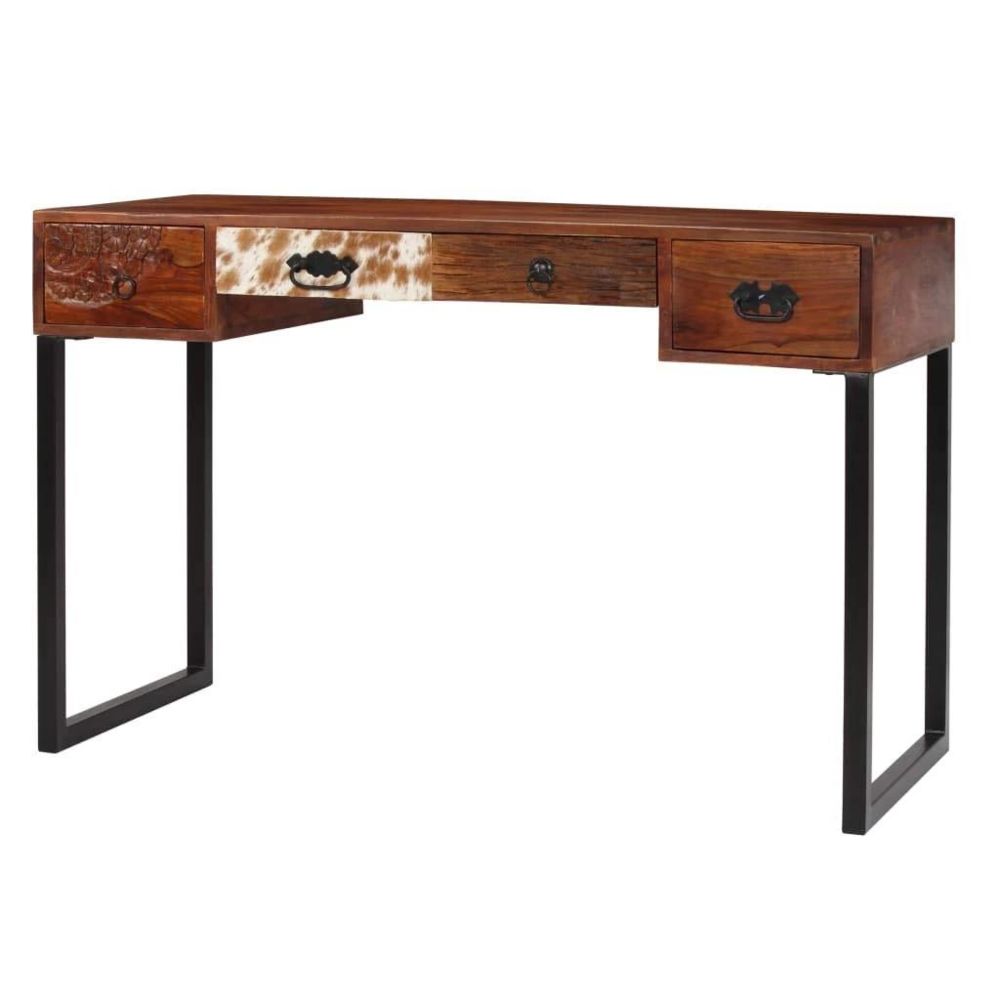 Helloshop26 - Bureau table meuble travail informatique bois de sesham massif et cuir véritable 117 cm 0502138 - Bureaux