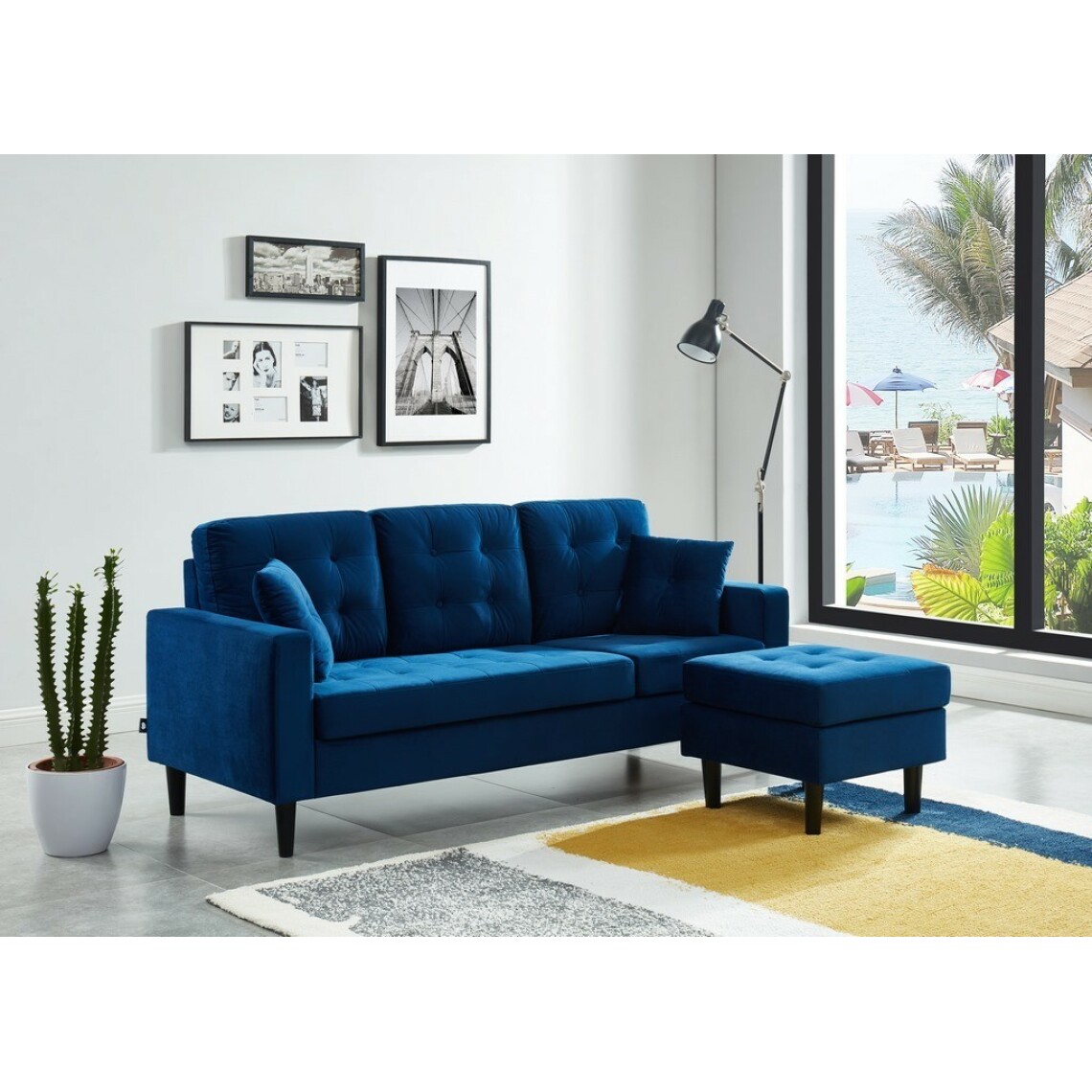 Baïta - Canapé d'angle MIRISA en velours bleu et pieds bois 4 places et 2 coussins inclus - Canapés