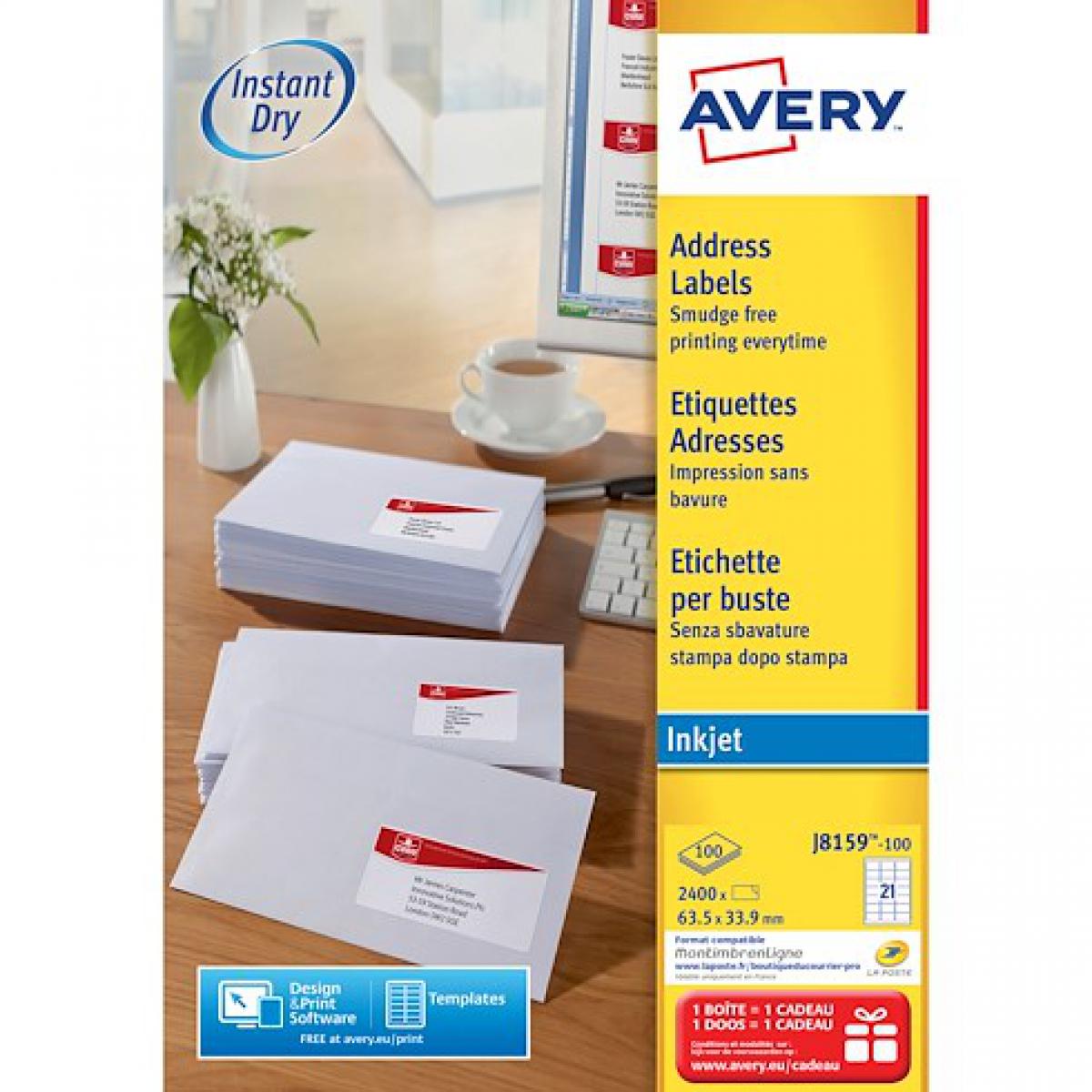 Avery - Etiquettes adresses jet d'encre 63,5 x 33,9 mm Avery J8159-100 - Boîte de 2400 - Accessoires Bureau