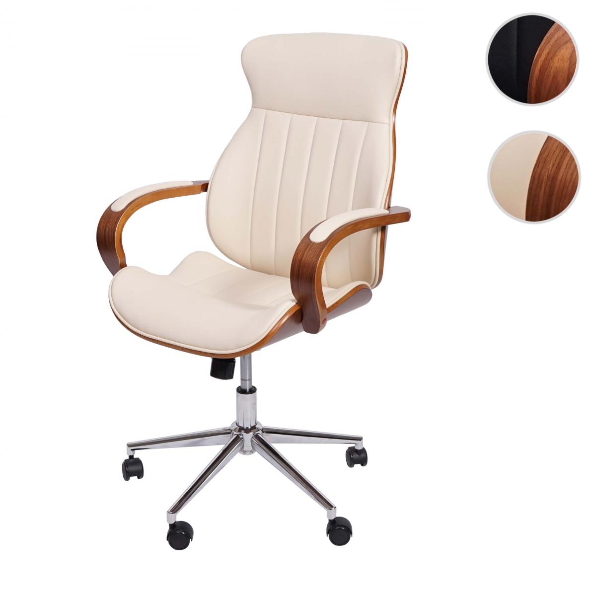 Mendler - Chaise de bureau HWC-H39, pivotante, fauteuil, bois courbé, aspect noyer, similicuir ~ beige-crème - Bureaux