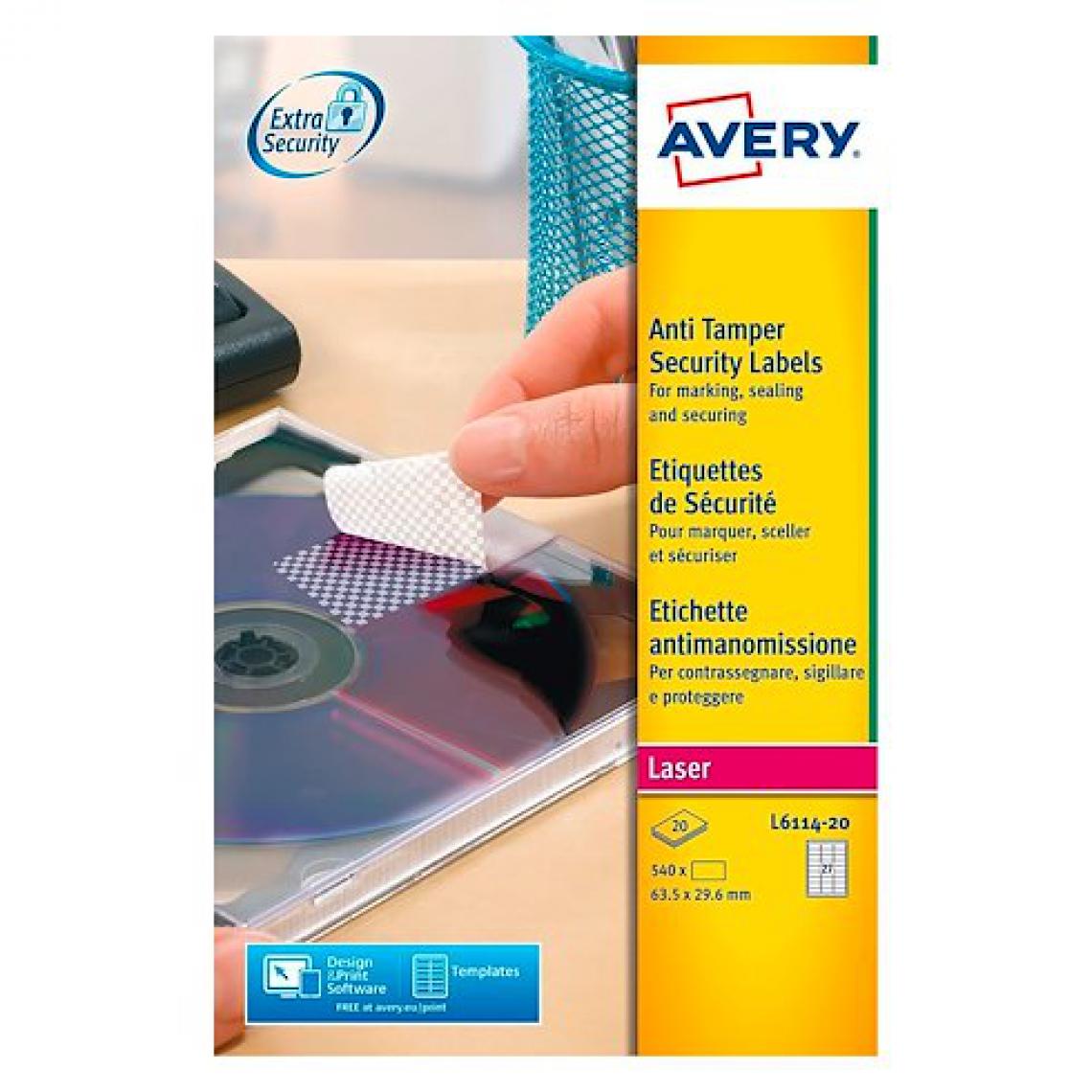 Avery - Etiquette de sécurité laser 63,5 x 29,6 mm Avery L6114-20 blanche - Pochette de 540 - Accessoires Bureau