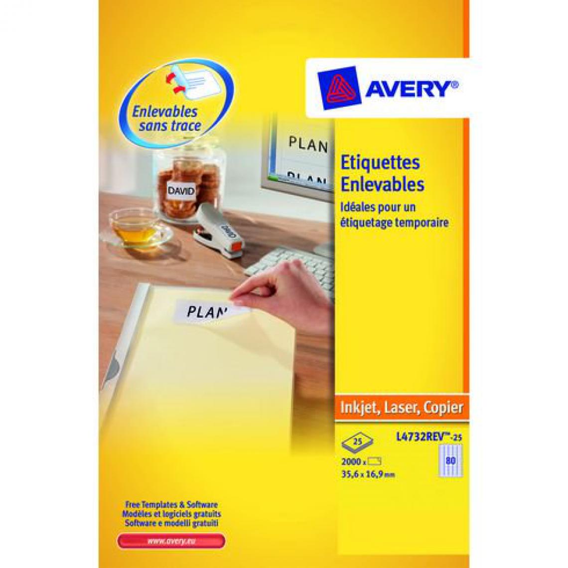 Avery - Etiquettes enlevables 35,6 x 16,9 mm Avery L4732-25 - Pochette de 2000 - Accessoires Bureau