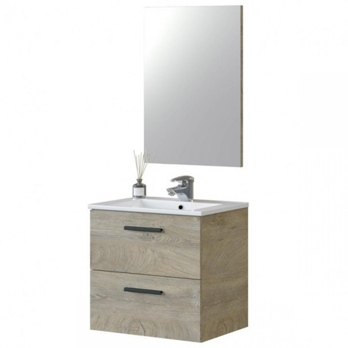 Pegane - Meuble sous vasque de salle de bain Suspendu 60 cm avec 2 tiroirs + Miroir - Hauteur 57 x Longueur 60 x Profondeur 45 cm - meuble bas salle de bain