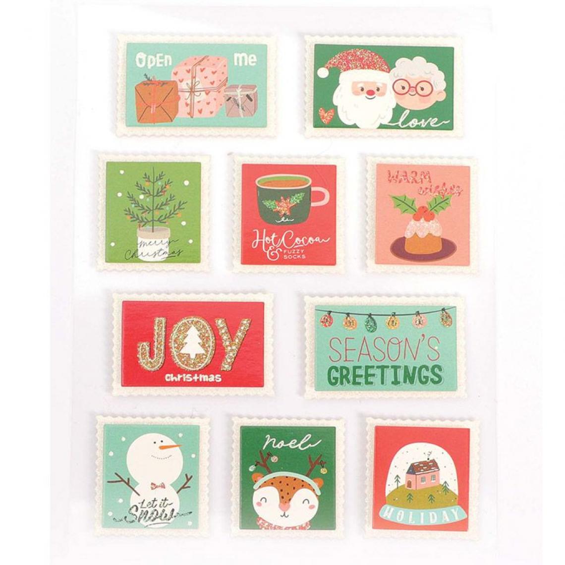 Graines Creatives - 10 stickers timbres de Noël effet 3D glitter - Accessoires Bureau