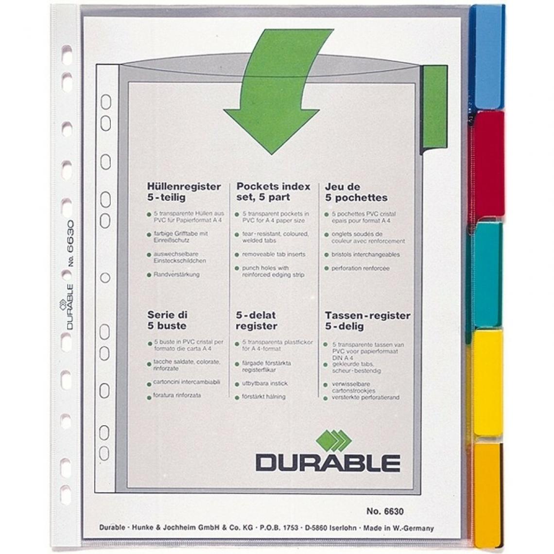 Durable - DURABLE Pochettes intercalaires, 5 touches, transparent, A4 () - Accessoires Bureau