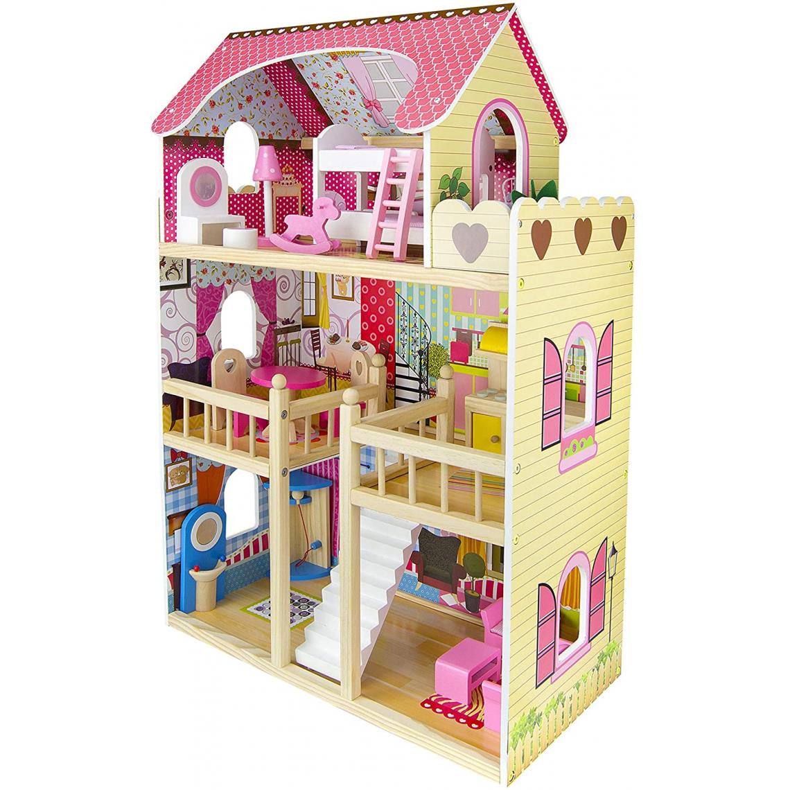 Leomark - Grande maison de poupée en bois + quatre poupées + LED - Maisons de poupées