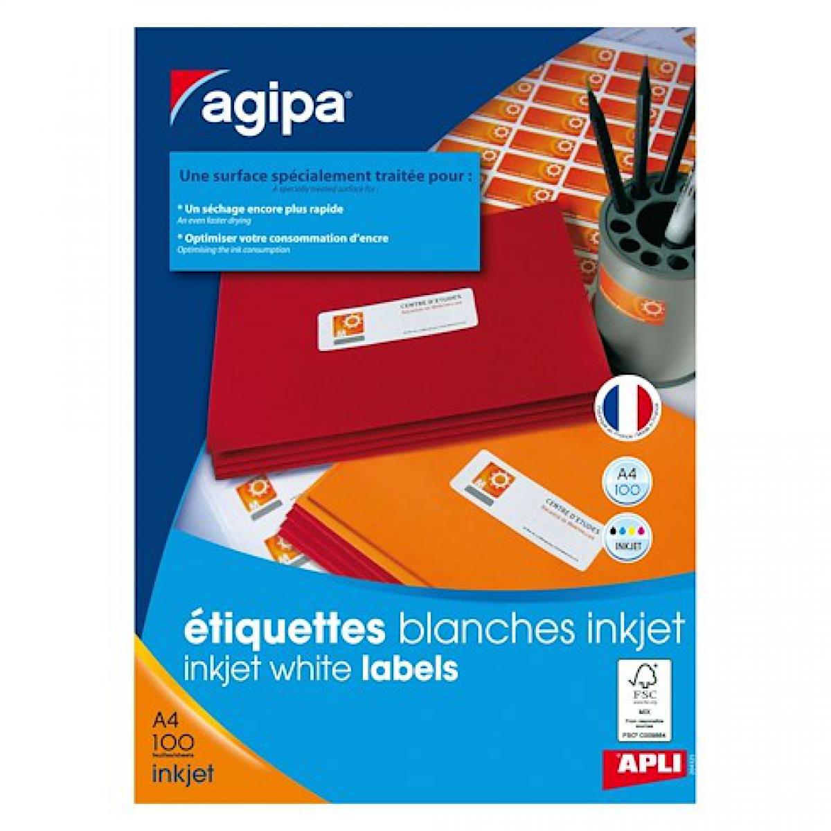 Agipa - Etiquette adresse jet d'encre 210 x 297 mm Agipa 102503 blanche - Boîte de 100 - Accessoires Bureau