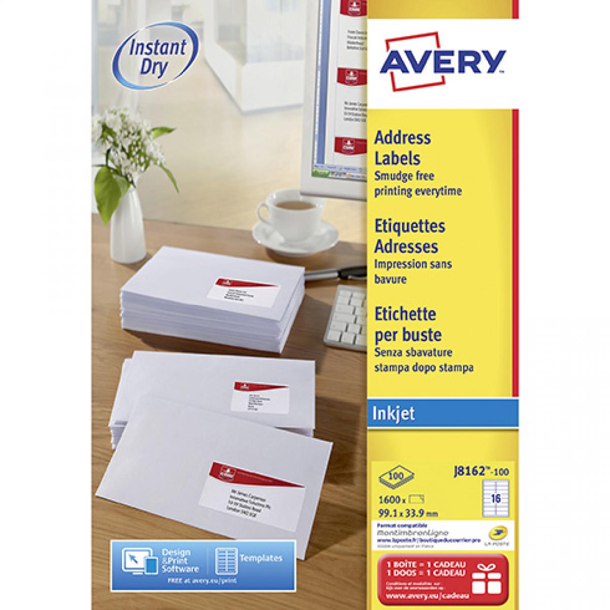 Avery - Etiquettes adresses jet d'encre 99,1 x 33,9 mm Avery J8162-100 - Boîte de 1600 - Accessoires Bureau