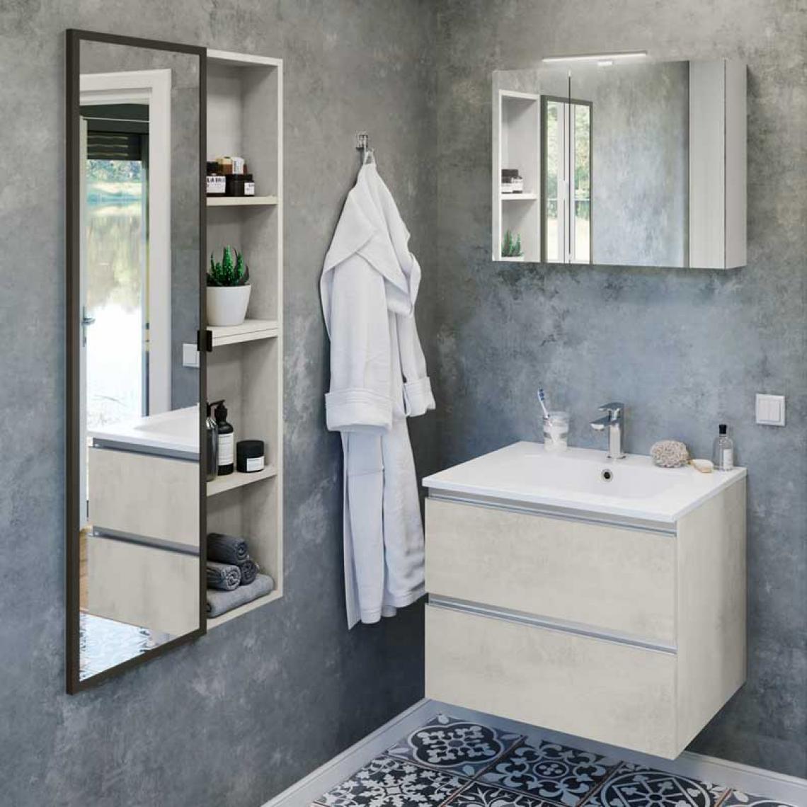 Tousmesmeubles - Ensemble meuble salle de bain 90 cm Béton blanc + vasque + armoire miroir - BADEN - Meubles de salle de bain
