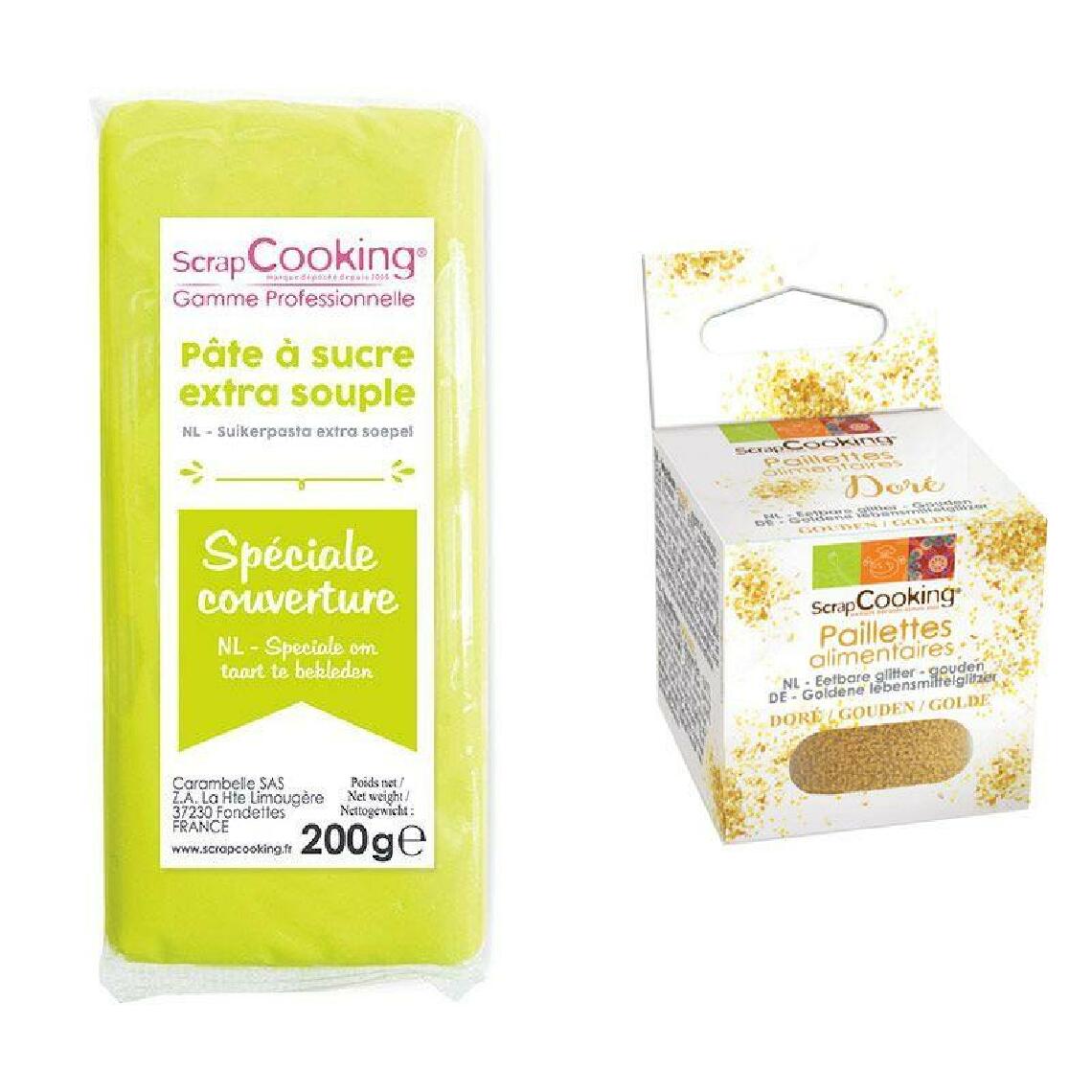 Scrapcooking - Pâte à sucre de couverture vert citron 200 g + paillettes dorées - Kits créatifs