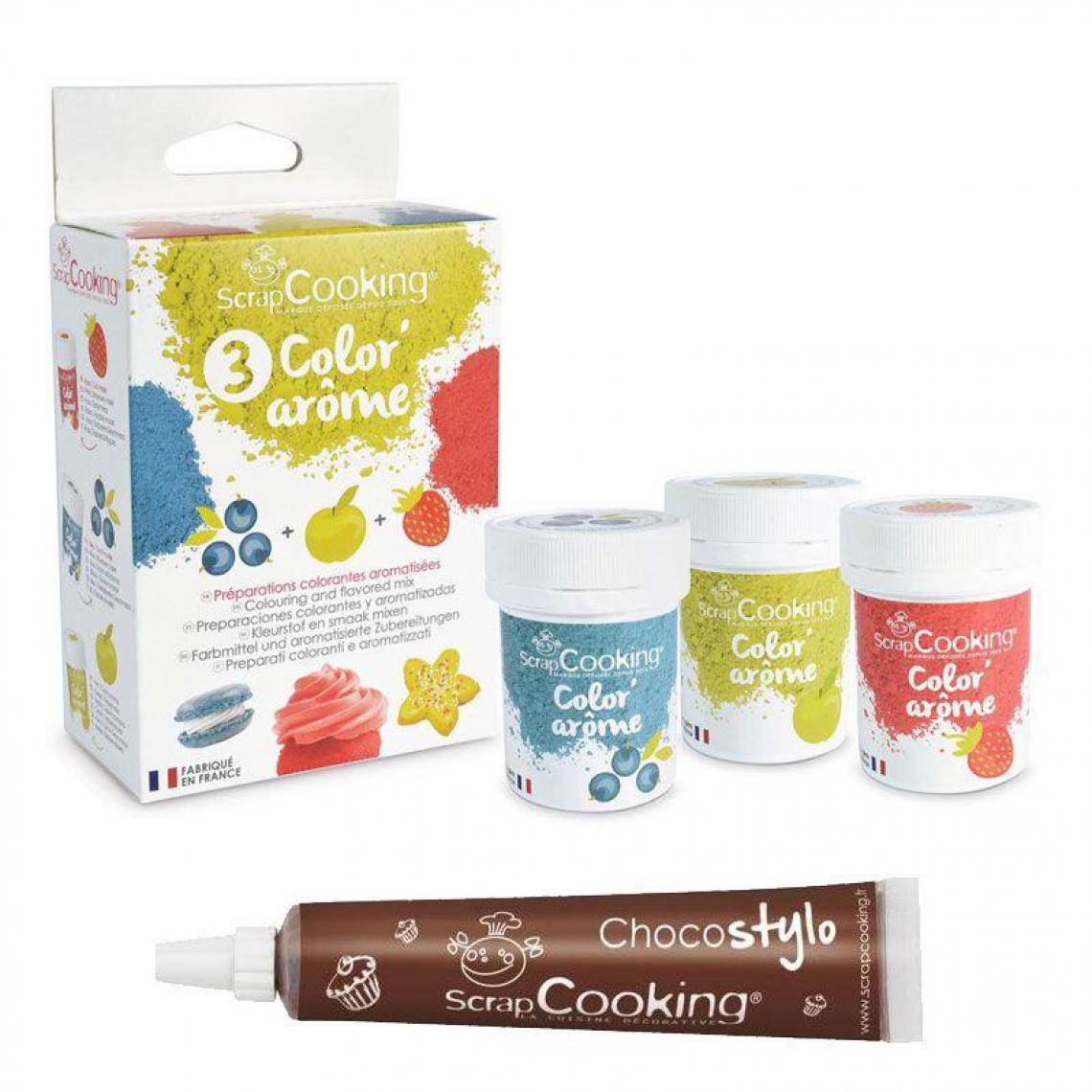 Scrapcooking - 3 Colorants-arômes alimentaires fraise-pomme-myrtille + 1 Stylo chocolat offert - Kits créatifs