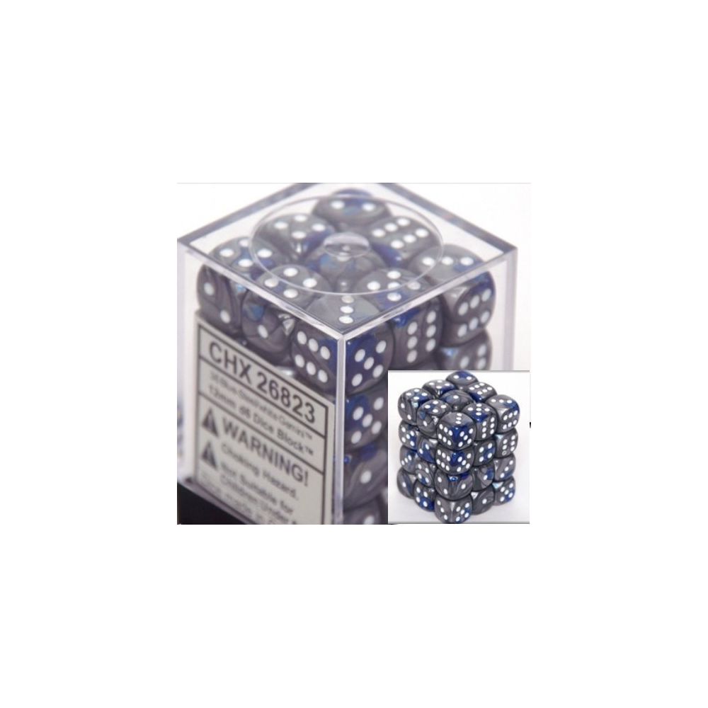 Chessex - Chessex Dice d6 Sets: Gemini Blue & Steel with White - 12mm Six Sided Die (36) Block of Dice - Carte à collectionner