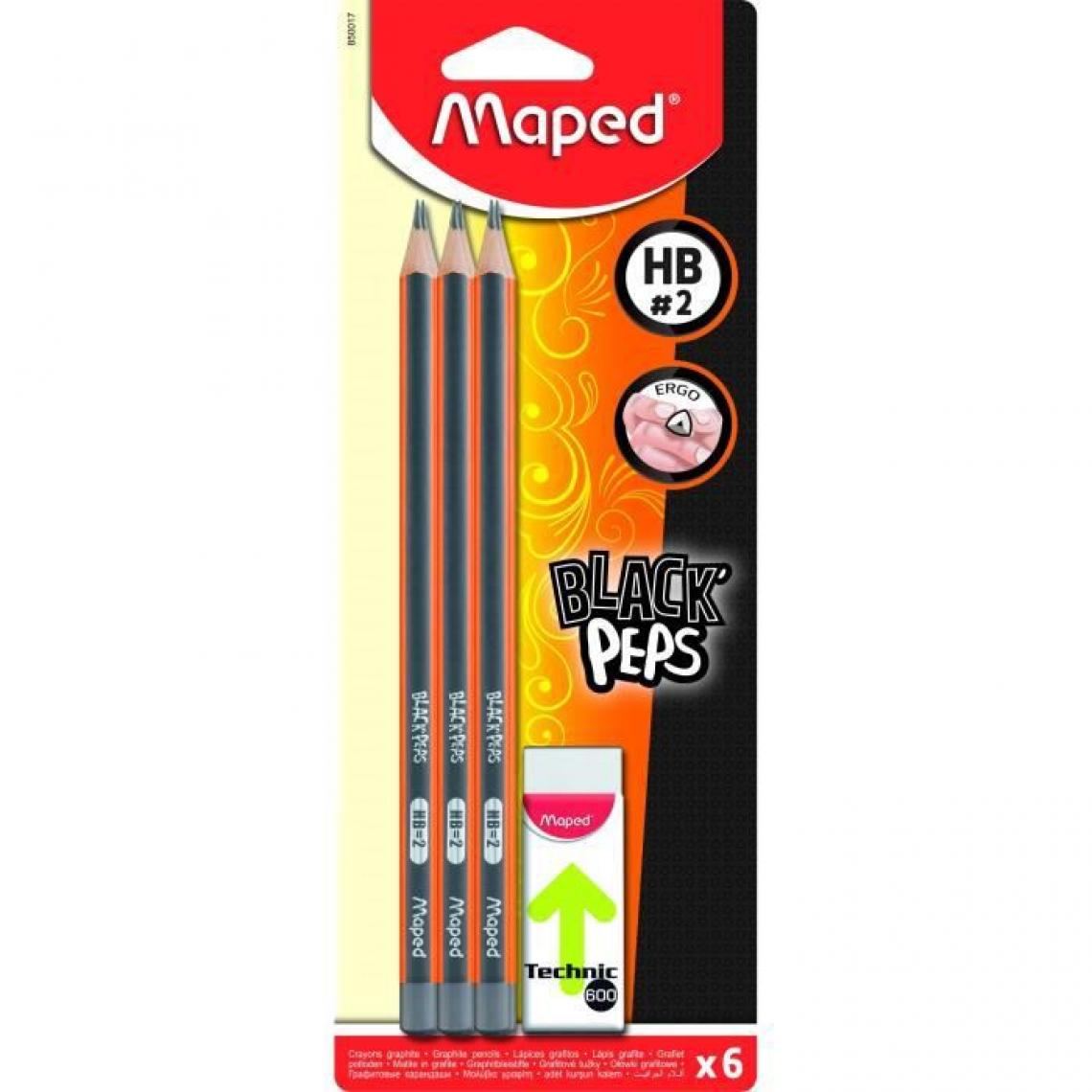 Maped - Assortiment de 6 crayons graphite triangulaires + 1 gomme - Accessoires Bureau