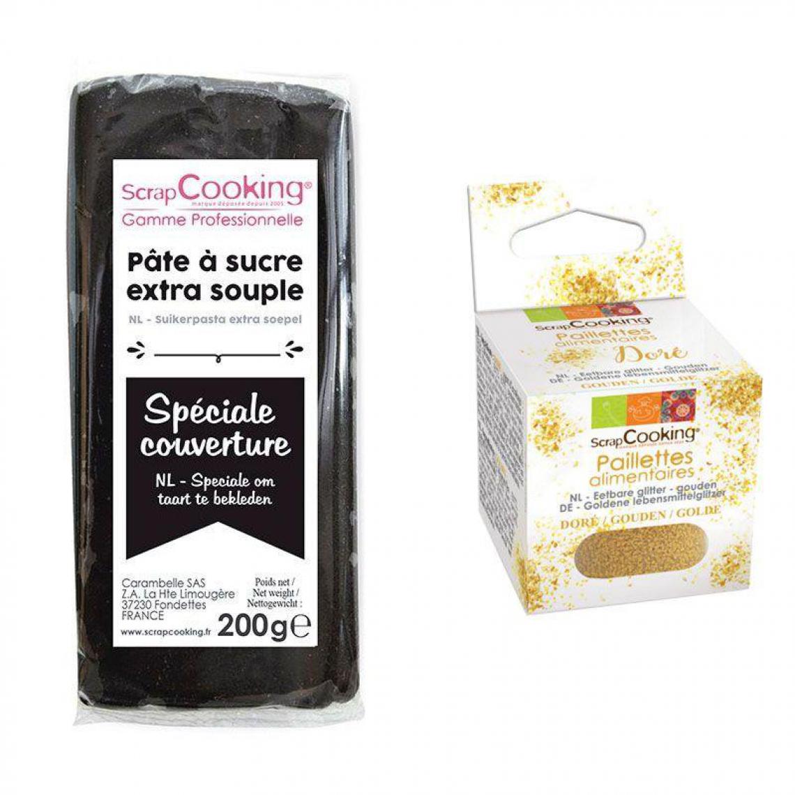 Scrapcooking - Pâte à sucre de couverture noire 200 g + paillettes dorées - Kits créatifs