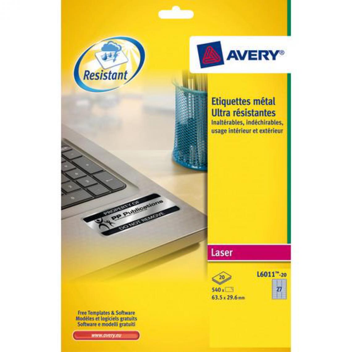 Avery - Etiquettes ultra résistantes 63,5 x 29,6 mm Avery L6011-20 - Pochette de 540 - Accessoires Bureau
