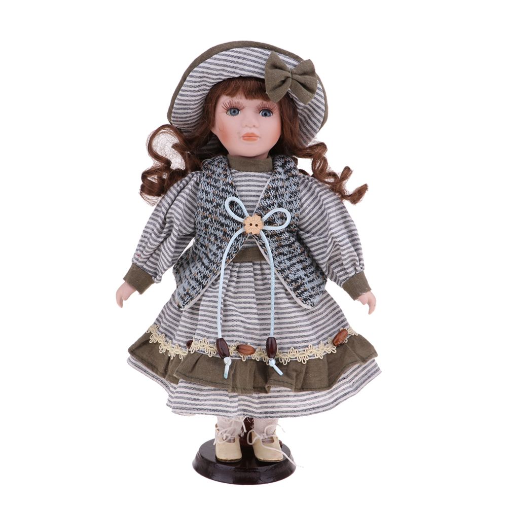 marque generique - 30cm belle figurine poupée fille en porcelaine avec gris vêtements chapeau ensemble - Poupons