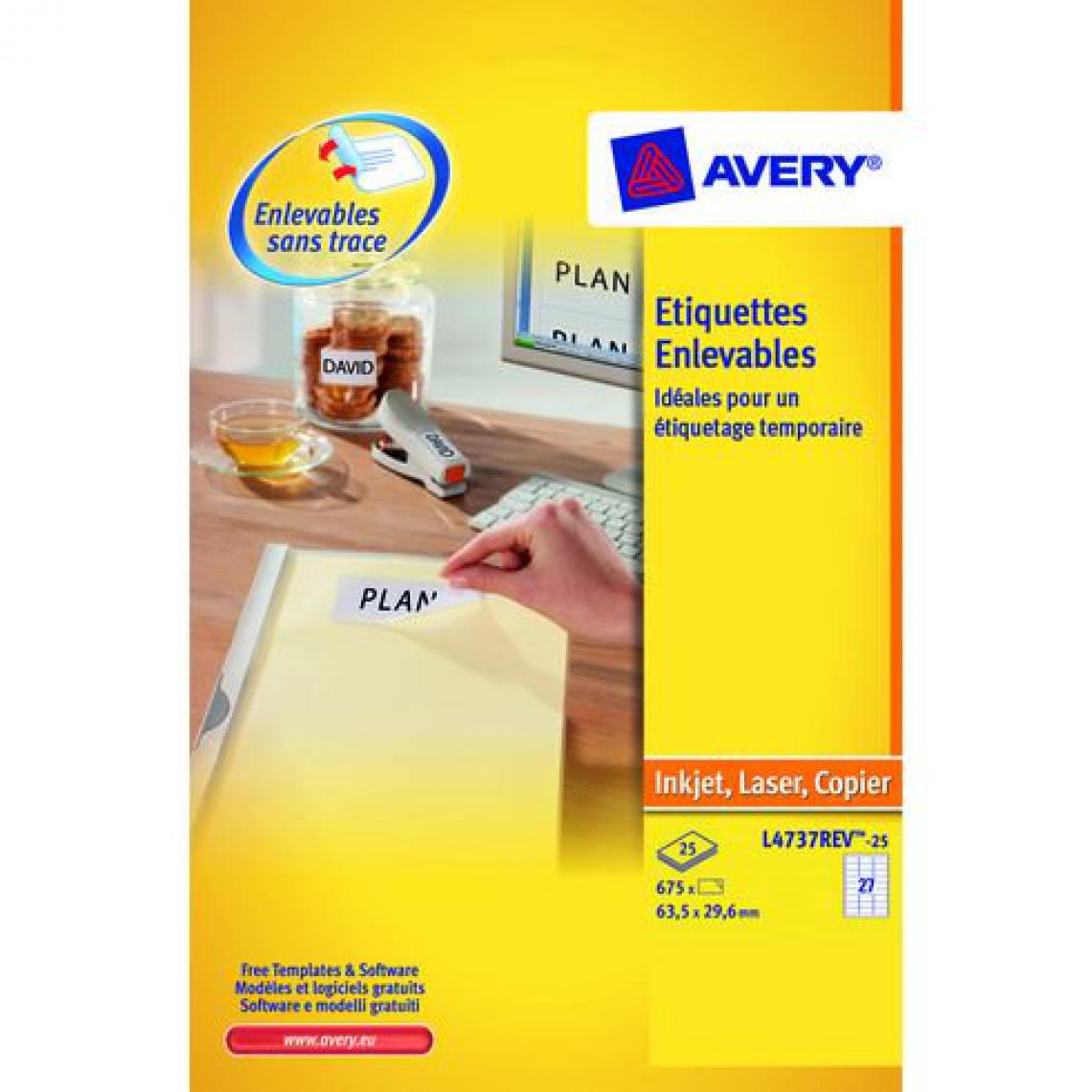 Avery - Etiquettes enlevables 63,5 x 29,6 mm Avery L4737-25 - Pochette de 675 - Accessoires Bureau