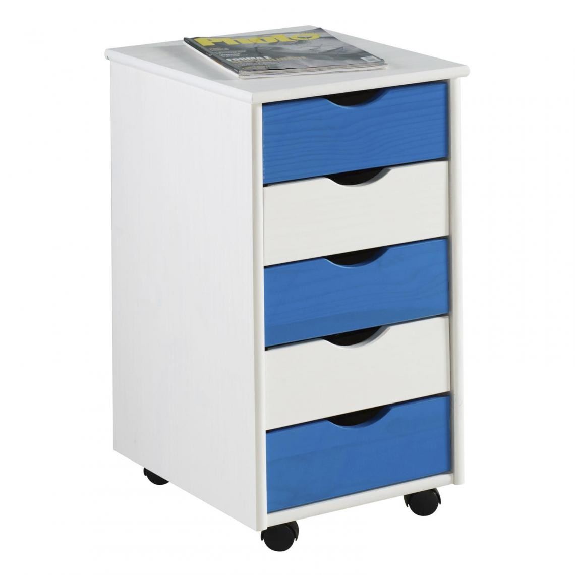 Idimex - Caisson de bureau sur roulettes LAGOS, avec 5 tiroirs lasuré blanc et bleu - Bureaux