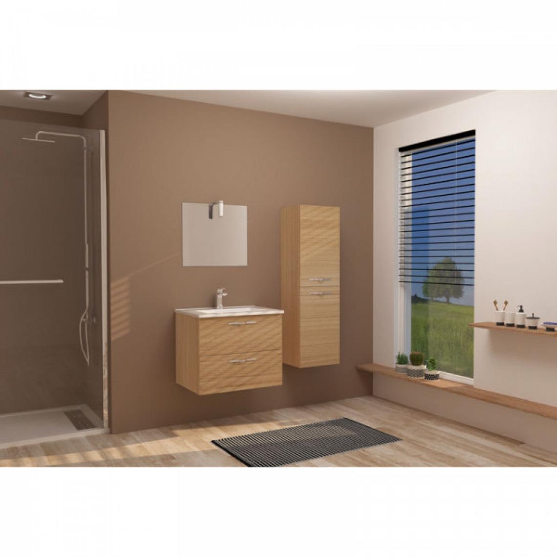 Dansmamaison - Ensemble meuble de salle de bain suspendu 2 tiroirs 60 cm Bois + miroir + colonne- KUNDO - L 61.5 x l 47 x H 52 cm - Meubles de salle de bain