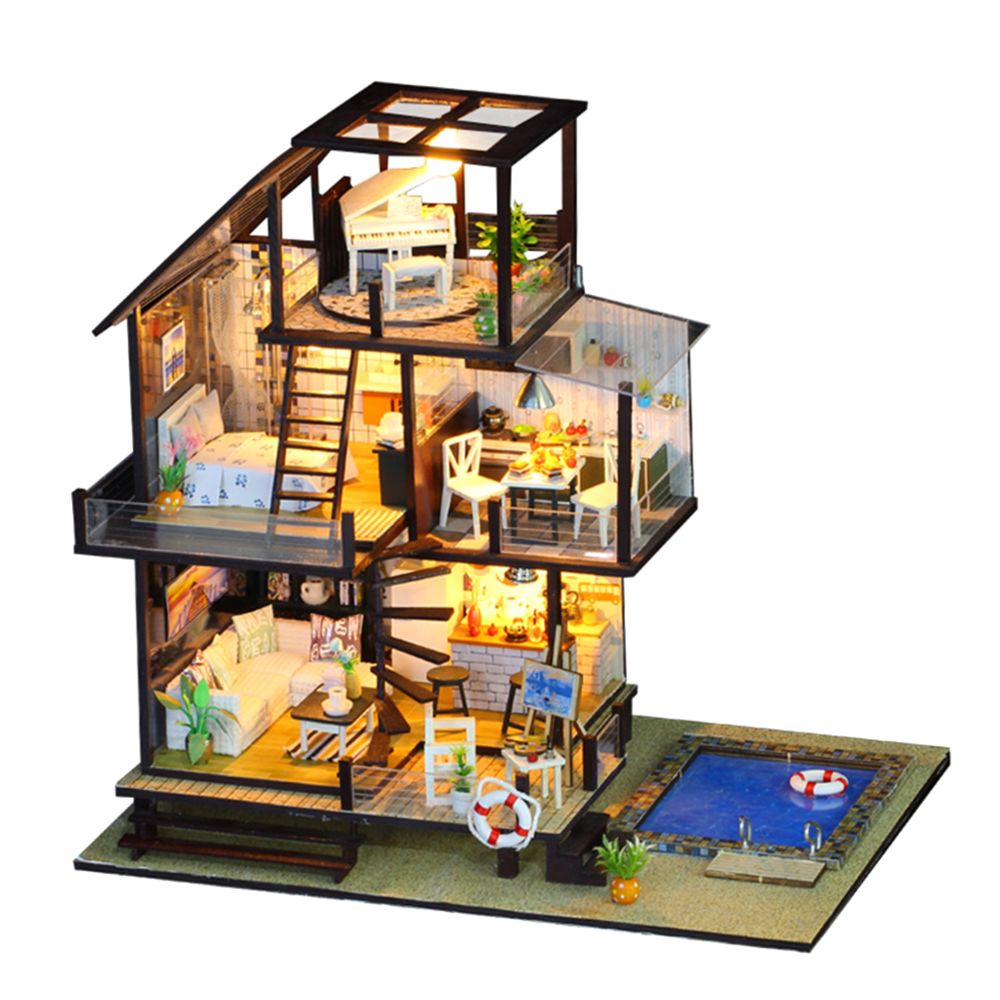 marque generique - Kit Miniature De Maison De Poupée En Bois Bricolage Avec Meubles Et Lumière Pour Enfants Style Cadeau 2 - Poupées