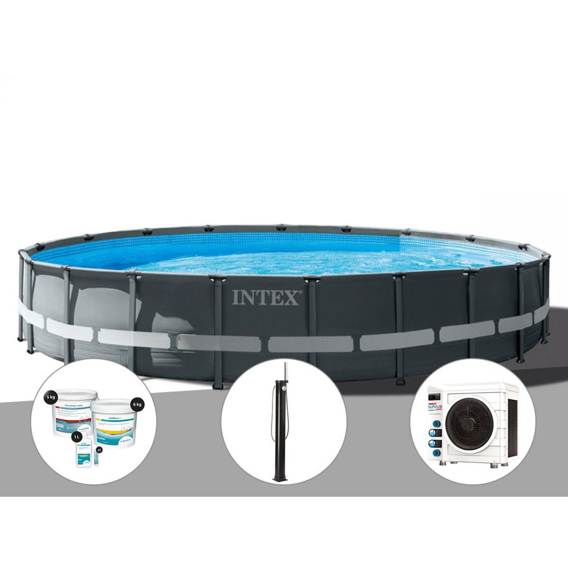 Intex - Kit piscine tubulaire Intex Ultra XTR Frame ronde 6,10 x 1,22 m + Kit de traitement au chlore + Douche solaire + Pompe à chaleur - Piscine Tubulaire