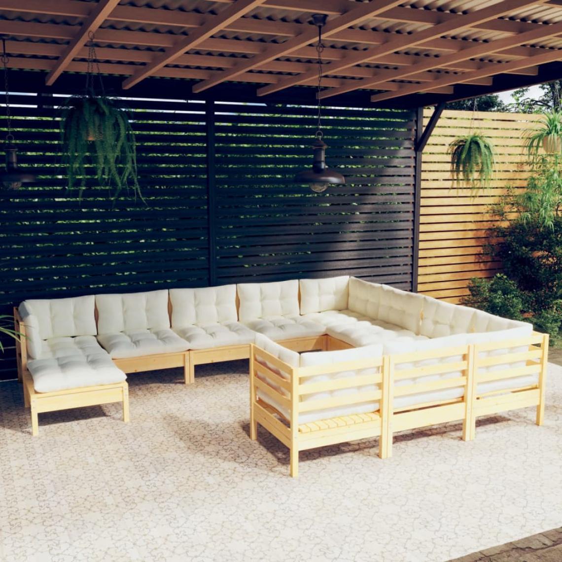 Vidaxl - vidaXL Salon de jardin 11 pcs avec coussins crème Bois de pin - Ensembles canapés et fauteuils