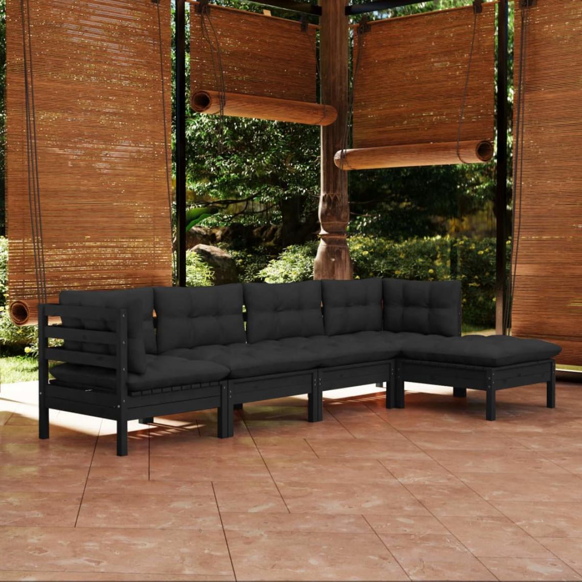 Vidaxl - vidaXL Salon de jardin 5 pcs avec coussins Noir Bois de pin - Ensembles canapés et fauteuils