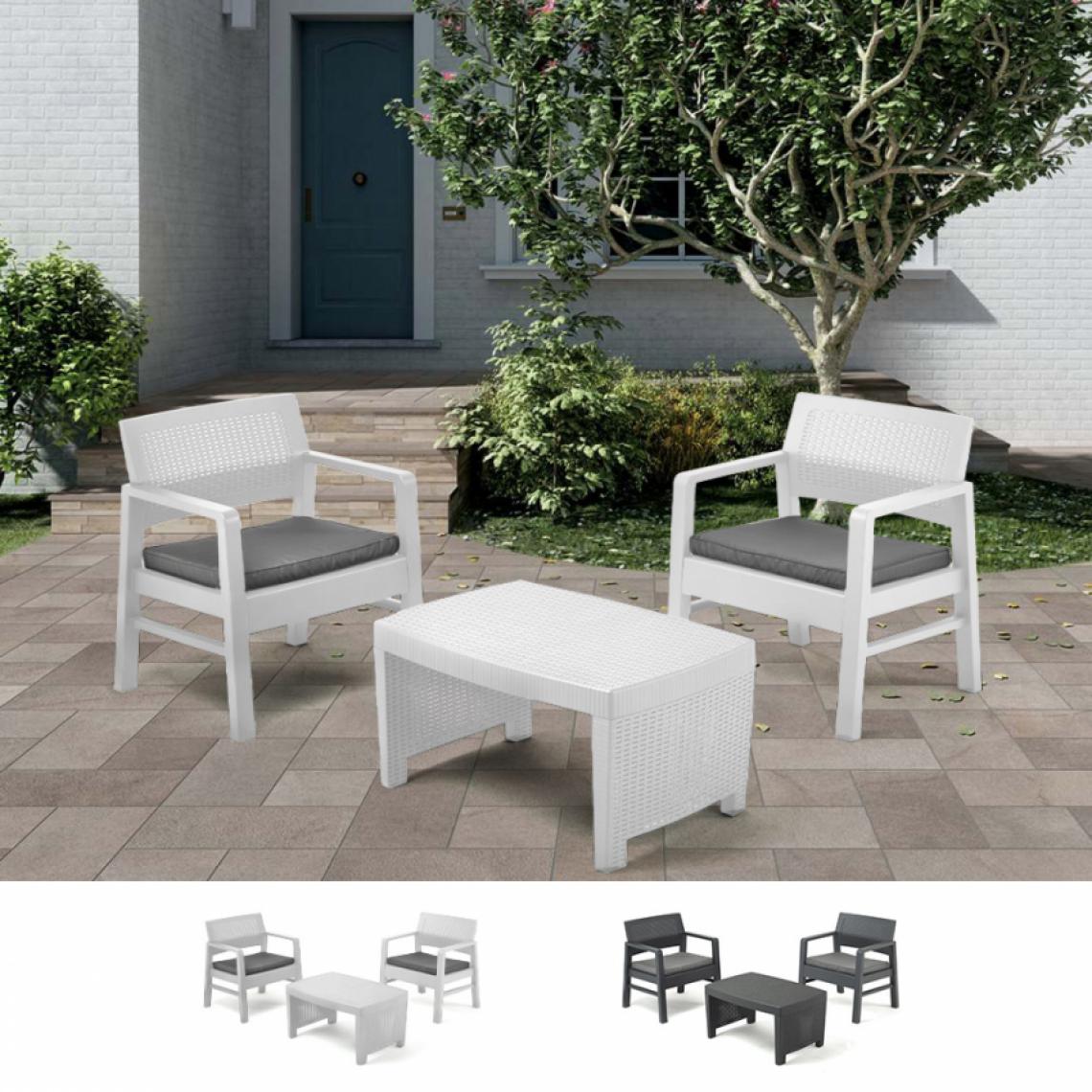Progarden - Salon de jardin en polyrotin table 2 fauteuils coussins Progarden Tambo, Couleur: Blanc - Ensembles canapés et fauteuils