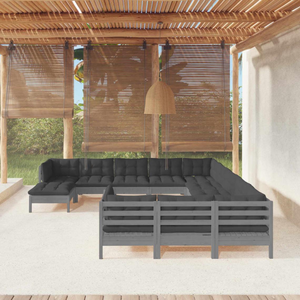 Vidaxl - vidaXL Salon de jardin 12 pcs avec coussins Gris Bois de pin - Ensembles canapés et fauteuils