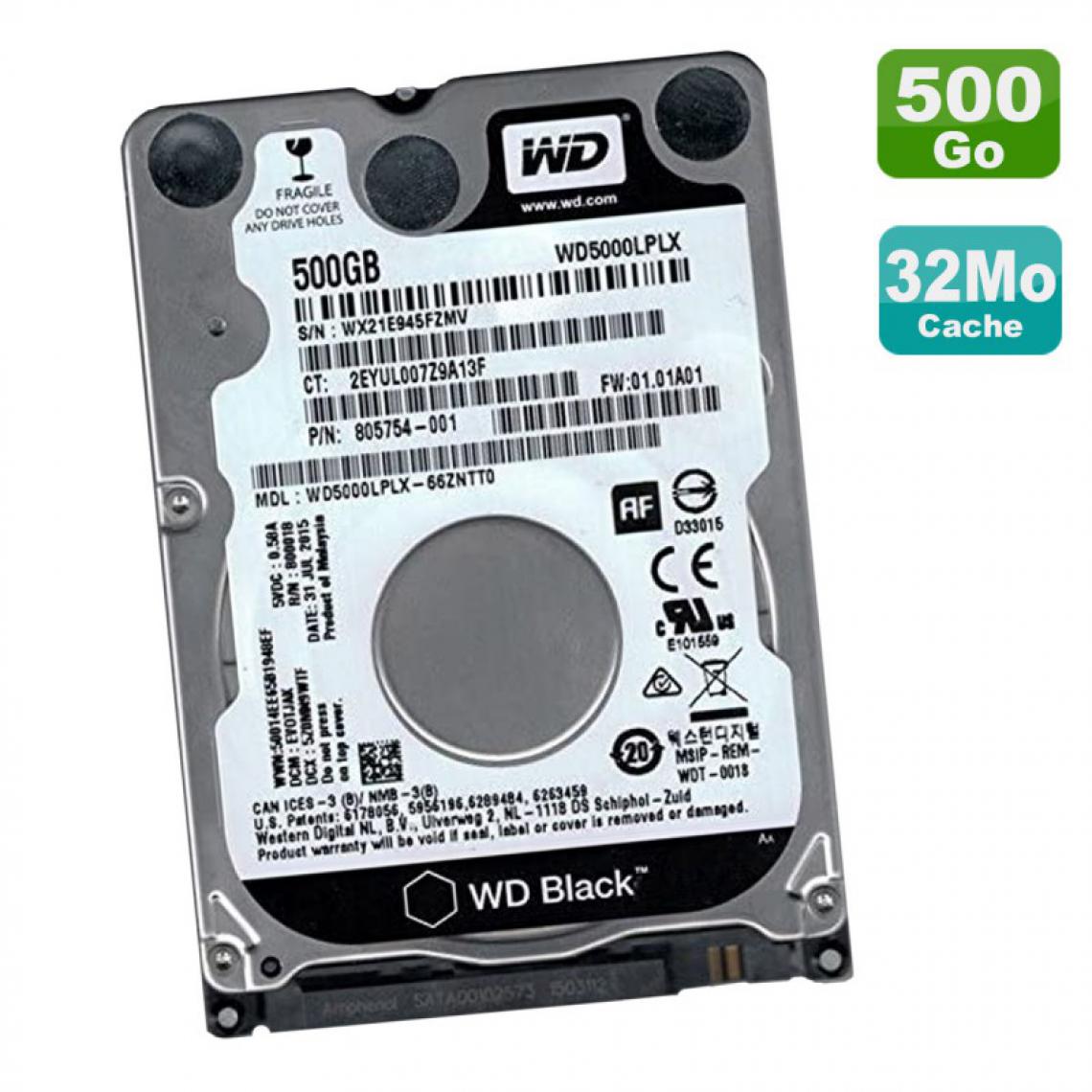 Western Digital - Disque Dur 500Go SATA 2.5" WD Black WD5000LPLX-66ZNTT0 HP 805754-001 01.01A01 - Disque Dur interne