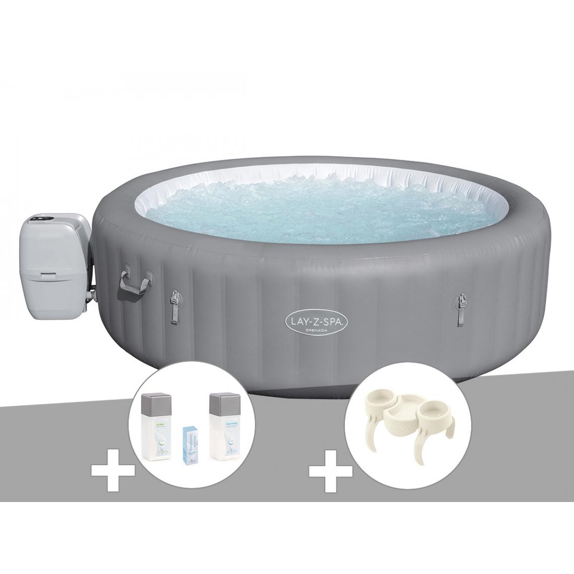 Bestway - Kit spa gonflable Bestway Lay-Z-Spa Grenada rond Airjet 6/8 places + Kit traitement brome + Porte-gobelets - Spa gonflable