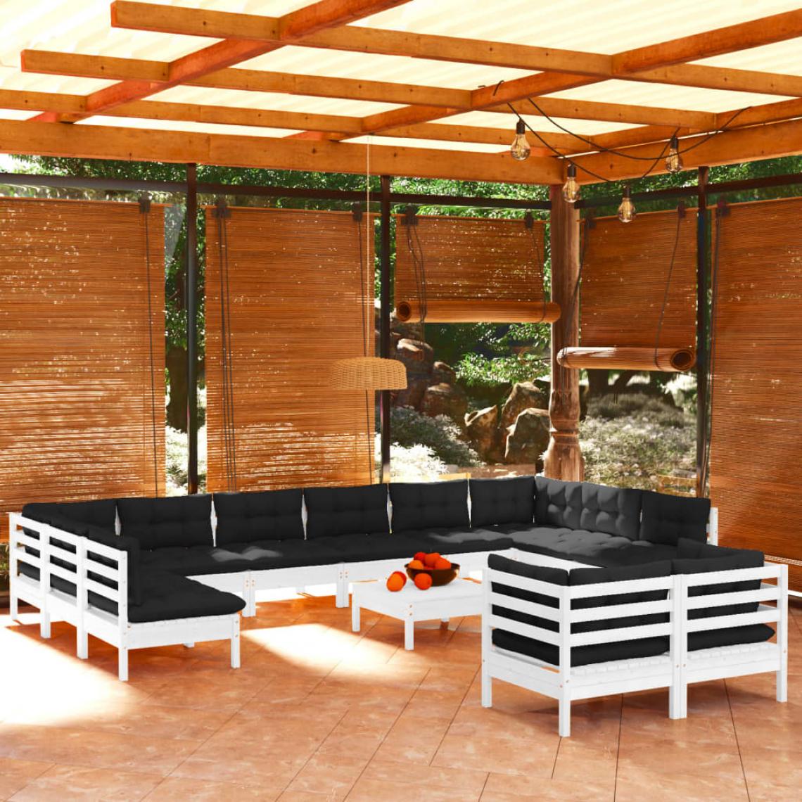 Vidaxl - vidaXL Salon de jardin 13 pcs avec coussins Blanc Bois de pin - Ensembles canapés et fauteuils