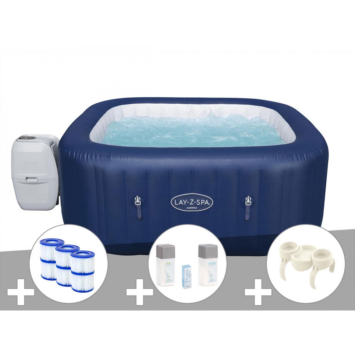 Bestway - Kit spa gonflable Bestway Lay-Z-Spa Hawaii carré Airjet 4/6 places + 6 filtres + Kit traitement brome + Porte-gobelets - Spa gonflable